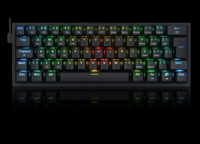 teclado-redragon-fizz-imagem-2-fundo-preto Teclado Mecanico Gamer Redragon Fizz Pro Rgb Preto S/fio Bt Sw Marrom Abnt2 60% - Imagem 2