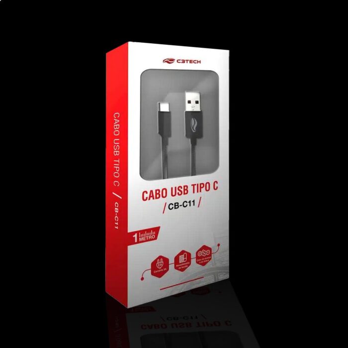 Cabo Usb-a Usb-c 1m 2a Preto Cb-c11bk C3tech Revestido Malha - Imagem 2