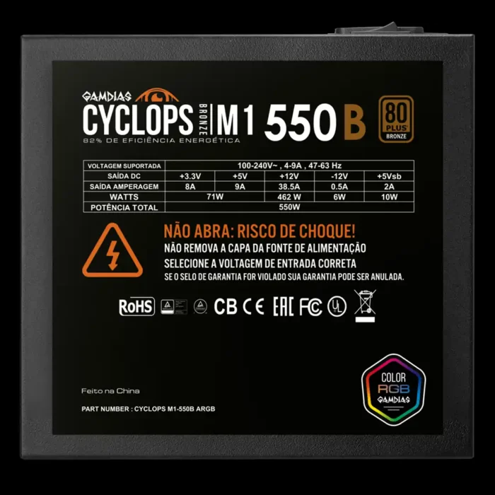 Fonte Gamdias Cyclops M1-550B Watts RGB 80 Plus Bronze sem cabo - Imagem 4