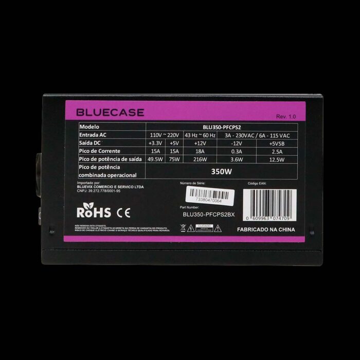 7 Fonte Bluecase 350W ATX PFC Ativo Bivolt Auto Preto C/ Cabo - Imagem 3