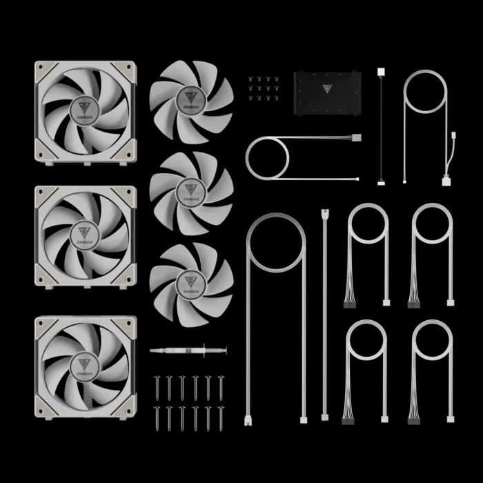 kit-3-fans-aeolus-p2-1203u-argb-branco-imagem-2-fundo-preto Kit 3 Fans Gamdias Aeolus P2-1203U Branco ARGB Controladora - Imagem 8