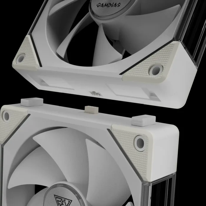 kit-3-fans-aeolus-p2-1203u-argb-branco-imagem-9-fundo-preto Kit 3 Fans Gamdias Aeolus P2-1203U Branco ARGB Controladora - Imagem 6