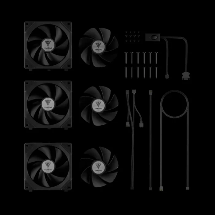 p2-1203-kit-3-fans-aeolus-p2-1203-argb-preto-imagem-2-fundo-preto Kit 3 Fans Gamdias Aeolus P2-1203 Preto ARGB Reverse Blade - Imagem 3
