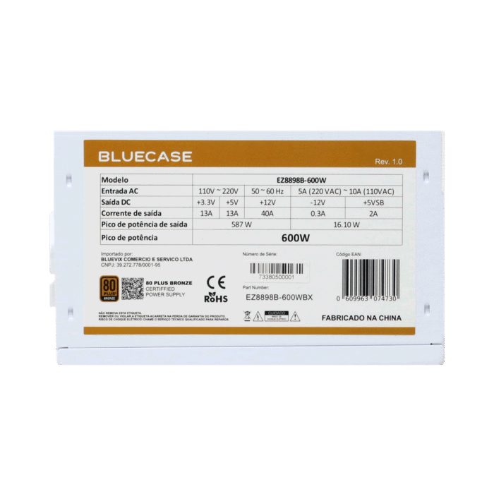 Fonte Bluecase 600W 80 Plus Bronze, Branco, Cabos Flat ATX - Imagem 4