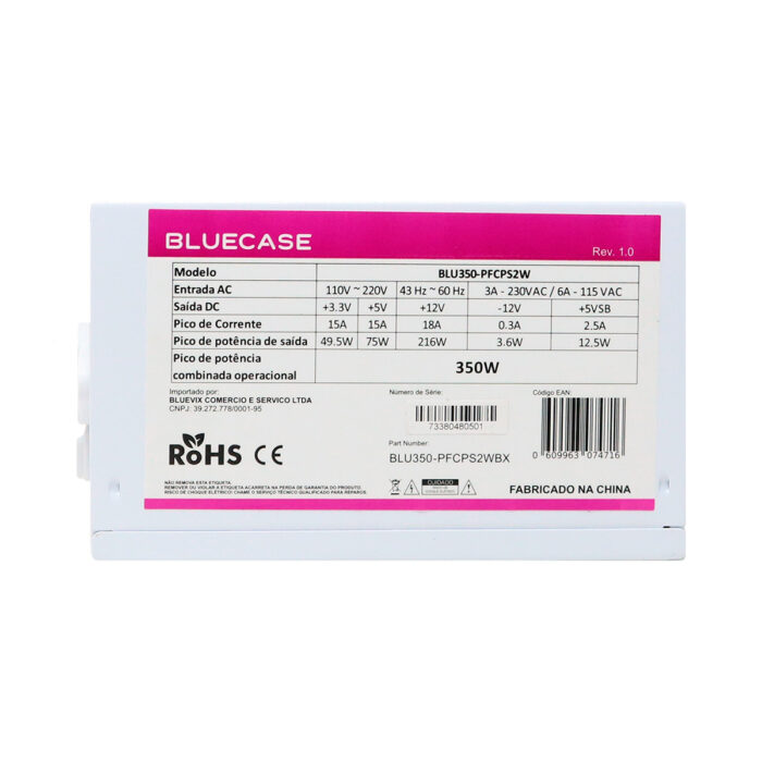 Fonte Bluecase 350W BRANCO ATX PS2 PFC Ativo C/ CABO BIVOLT - Imagem 4