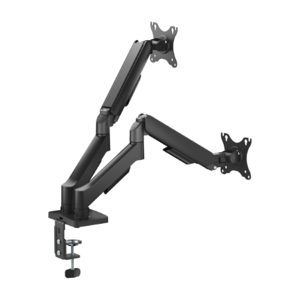 Suporte articulado para dois monitores Bluecase Ergo Flexy preto em mesa gamer