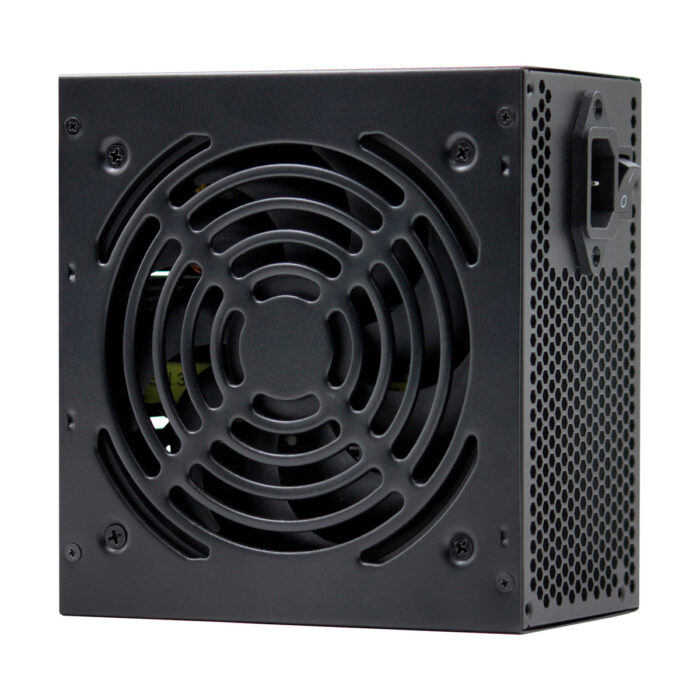 Vista lateral da fonte Bluecase 500W com cooler silencioso de 120mm