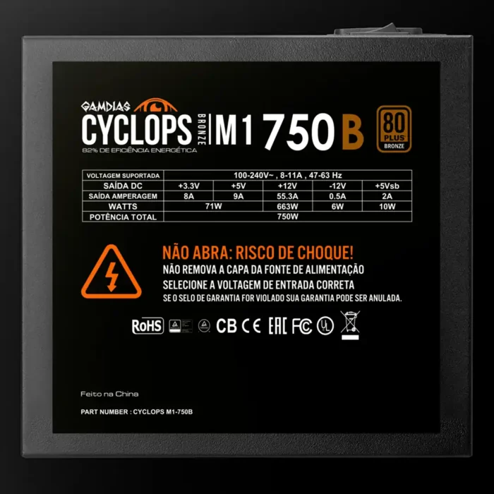 Fonte Gamdias Cyclops M1-750B com certificação 80 Plus Bronze
