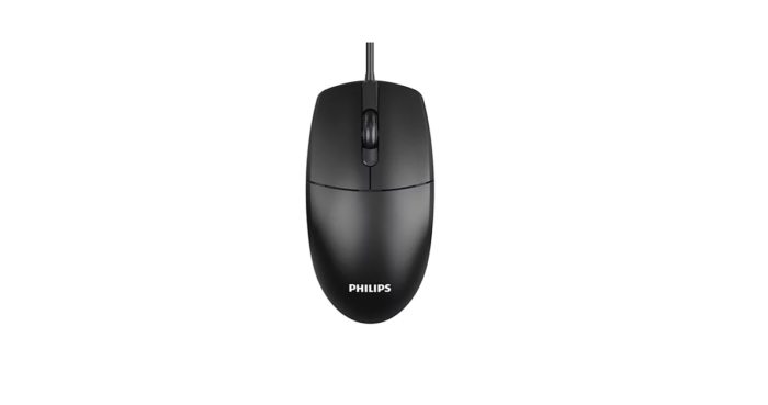 Mouse Philips SPK7247 com cabo USB conectado em fundo branco