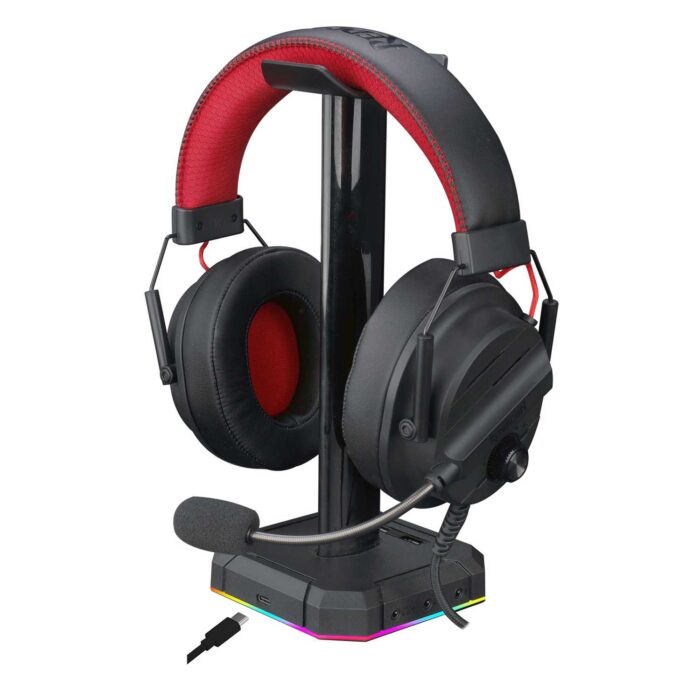 Vista lateral do suporte para headset Redragon com conexões de áudio 3.5mm
