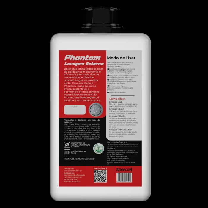Detalhe do rótulo do shampoo automotivo Redragon Phantom com instruções de uso