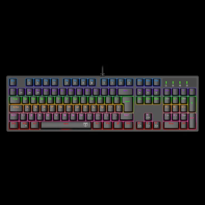Visão lateral do teclado T-Dagger Rebel com iluminação colorida